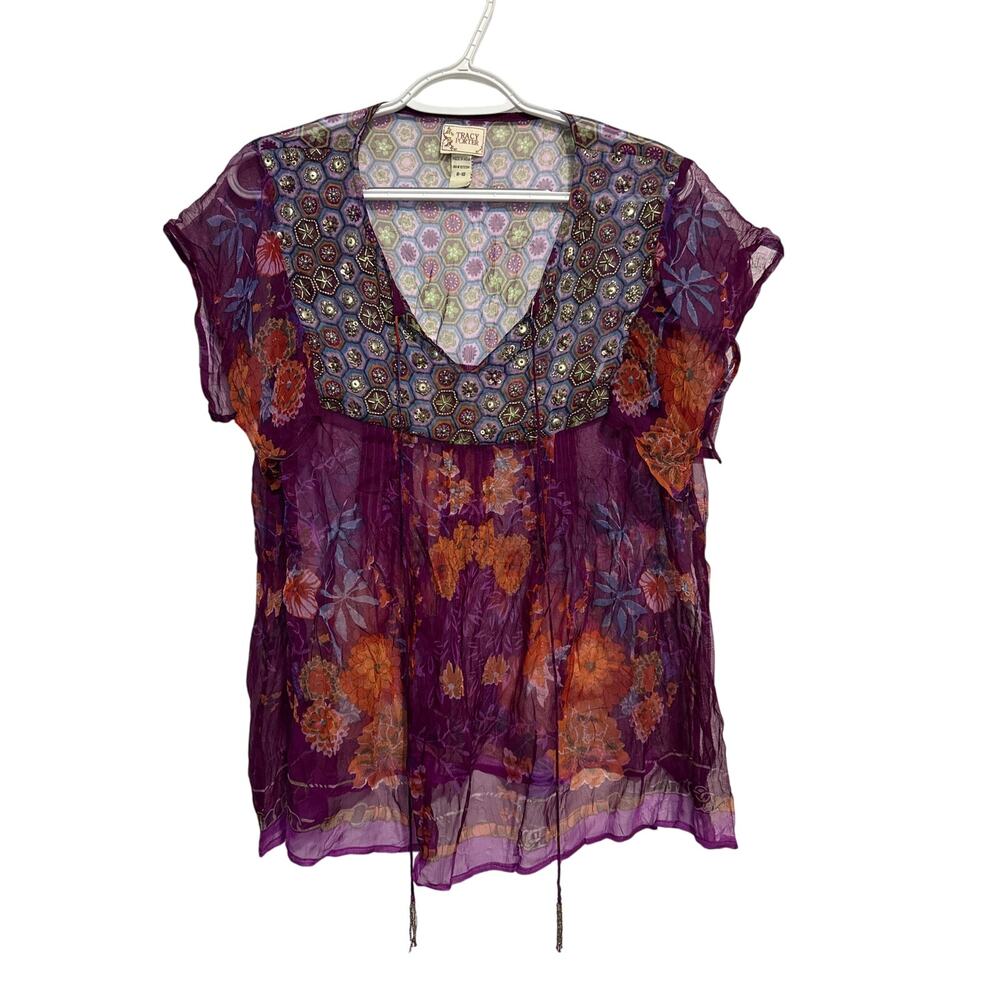 Tracy Porter floral‎ beaded sheer flutter sleeve blouse womens medium y2k boho